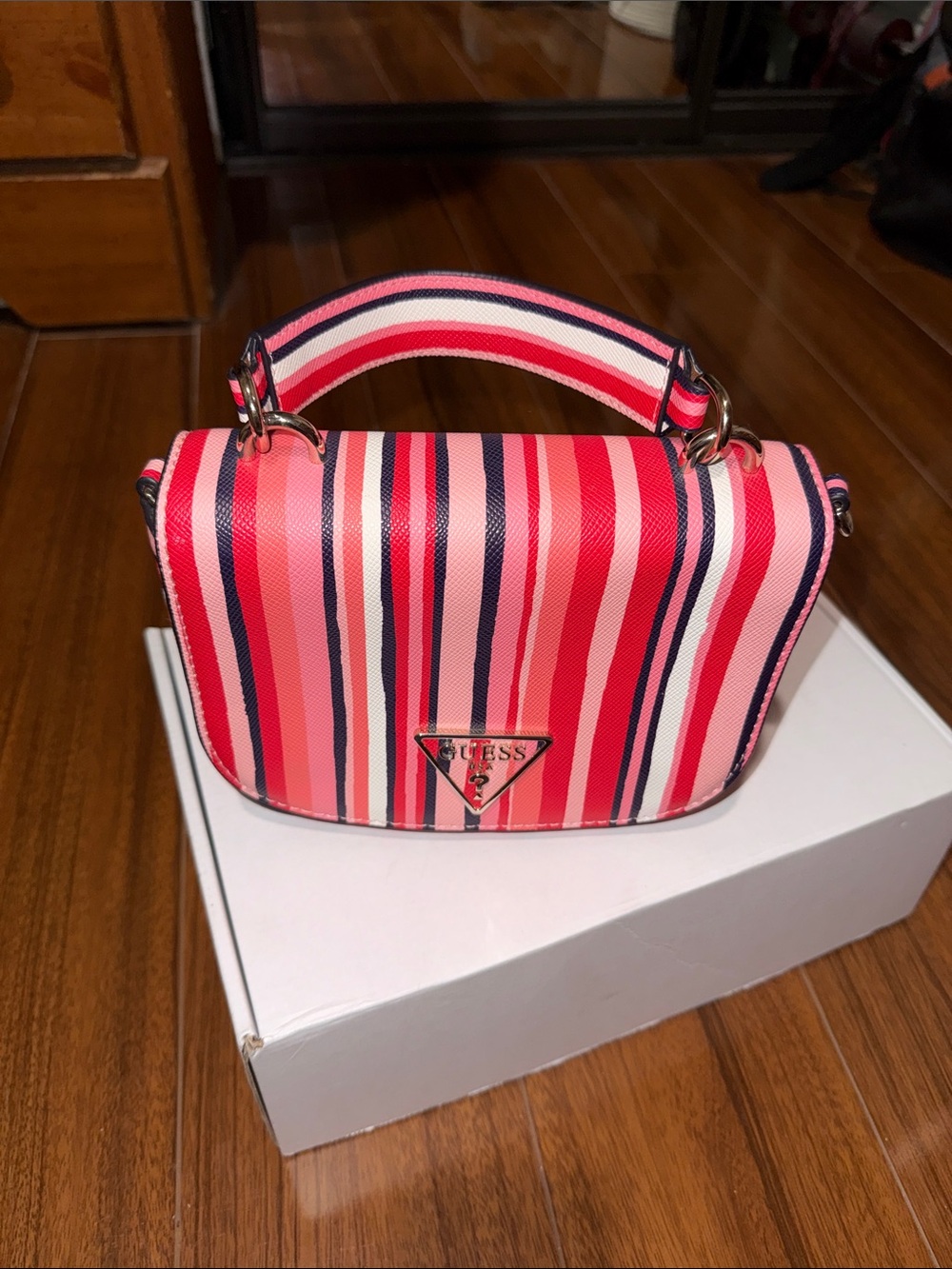 GUESS Pink & Red Striped Top-Handle Crossbody Bag